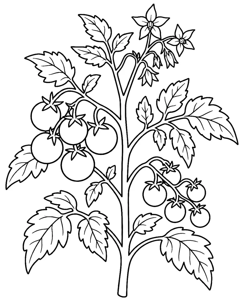 Coloriage de Tomate cerise (tomate) : dessin au trait noir à colorier