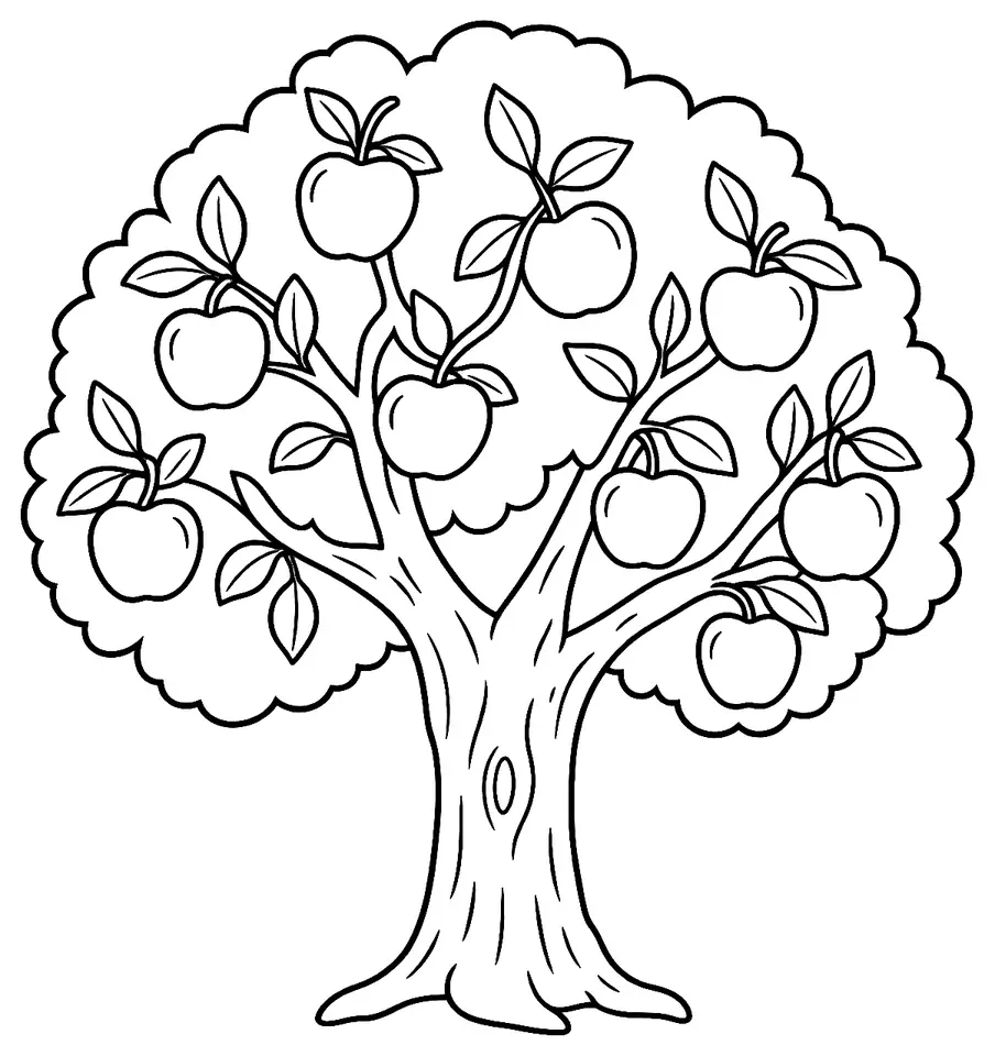 Coloriage de Pommier : dessin au trait noir à colorier