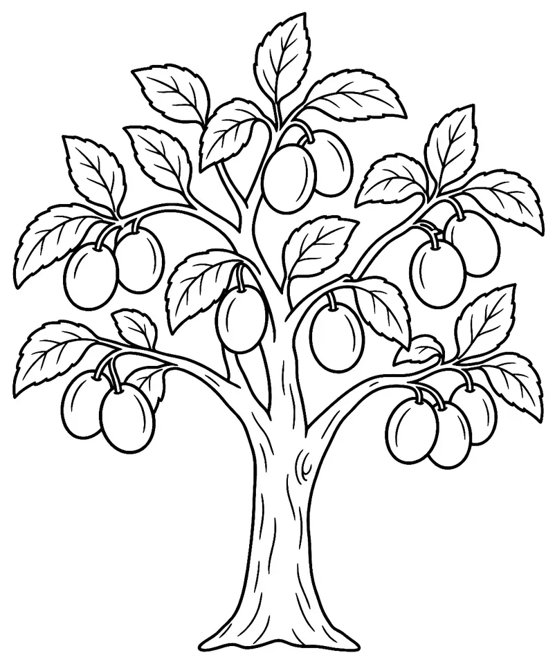 Coloriage de Prunier : dessin au trait noir à colorier