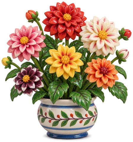 Dahlia buissonnant aux tiges feuillues, portant des fleurs à disque central et pétales rayonnants