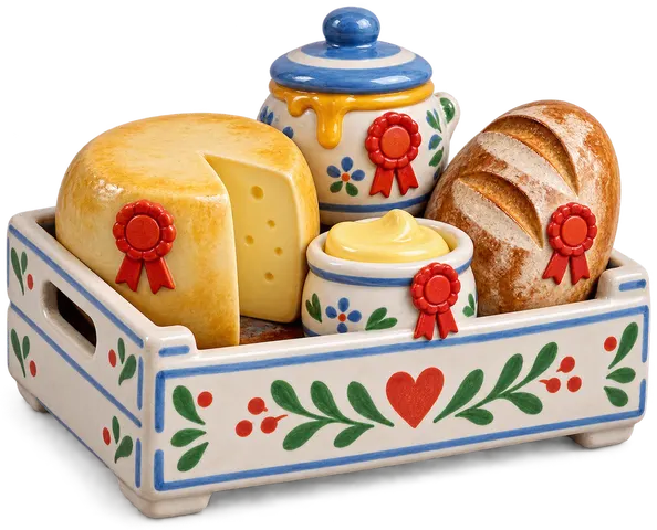 Les labels de la ferme (AB, AOP, Label rouge), figurine de la ferme
