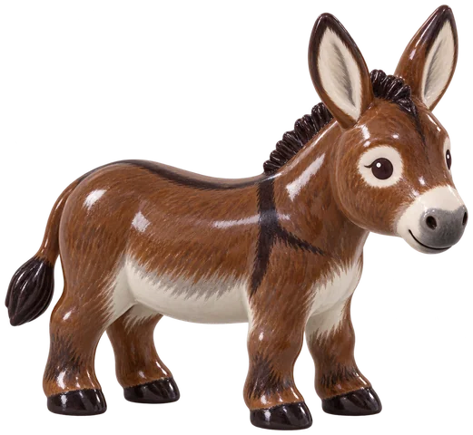 Âne normand trapu en figurine de bois laqué, à la robe bai foncé, oreilles droites et croix d’épaule visible