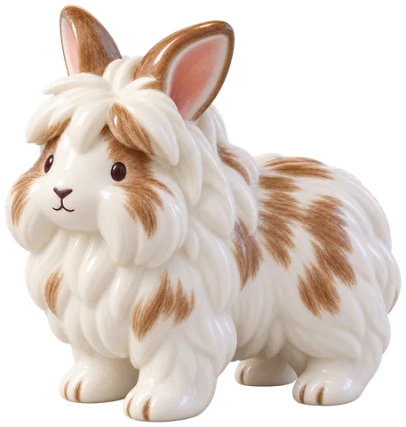 Lapin angora en figurine de bois laqué, au pelage très long et abondant