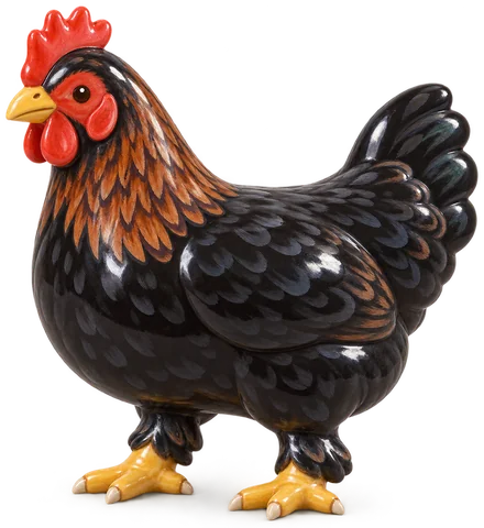Poule Marans au plumage noir lustré, au camail cuivré, aux yeux orange-rouge et à la queue relevée