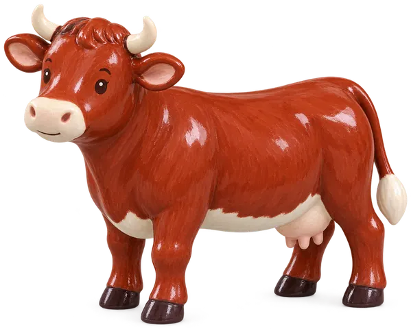 Vache Armoricaine au pelage roux épais, au ventre tacheté de blanc et aux courtes cornes pâles tournées vers l’avant