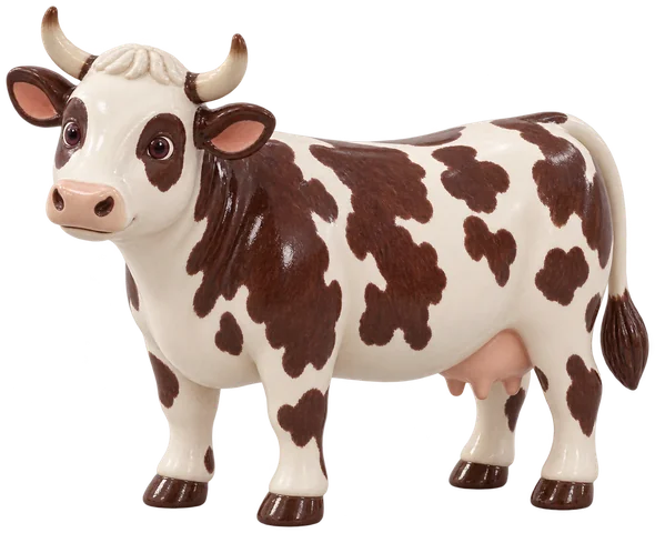 Vache normande au pelage blanc taché de brun foncé, avec des yeux cerclés de sombre et de fines cornes claires
