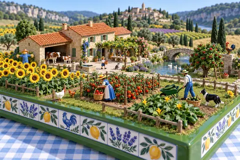La ferme en août : la ferme-maquette de FermeVallée, peinte pour ce mois