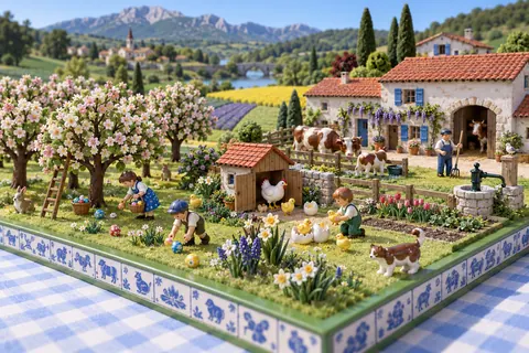 La ferme en avril : la ferme-maquette de FermeVallée, peinte pour ce mois