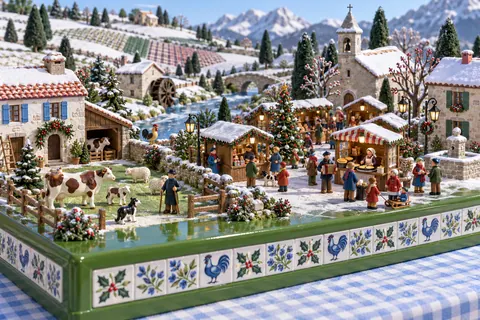 La ferme en décembre : la ferme-maquette de FermeVallée, peinte pour ce mois