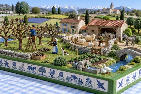 La ferme en février : la ferme-maquette de FermeVallée, peinte pour ce mois