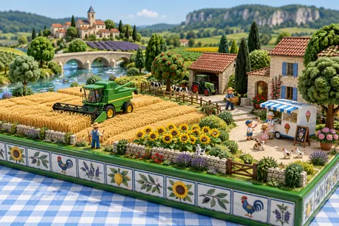 La ferme en juillet : la ferme-maquette de FermeVallée, peinte pour ce mois