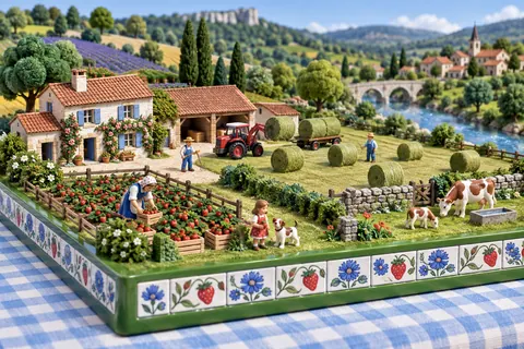 La ferme en juin : la ferme-maquette de FermeVallée, peinte pour ce mois