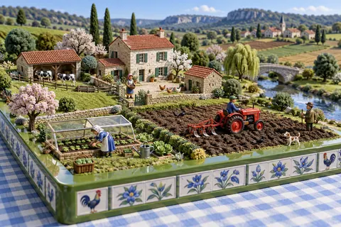 La ferme en mars : la ferme-maquette de FermeVallée, peinte pour ce mois