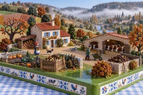 La ferme en novembre : la ferme-maquette de FermeVallée, peinte pour ce mois