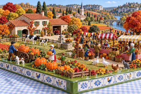 La ferme en octobre : la ferme-maquette de FermeVallée, peinte pour ce mois