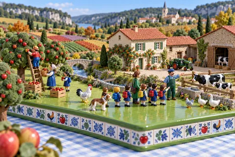La ferme en septembre : la ferme-maquette de FermeVallée, peinte pour ce mois