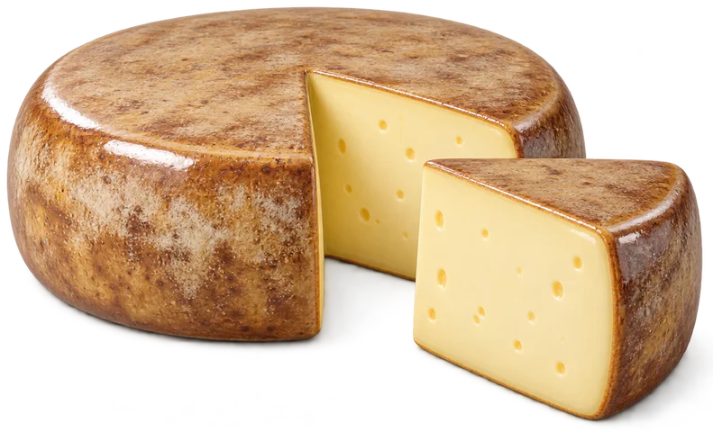 Meule ronde de Comté à croûte brun poussiéreux, avec une section coupée révélant une pâte jaune crème