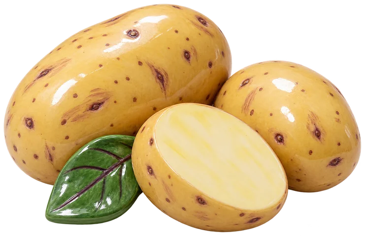 Pomme de terre Sieglinde en plant, aux fleurs blanches et tubercules ovales à allongés