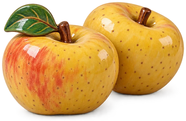 Pomme Chantecler légèrement aplatie, à peau jaune doré rugueuse et ponctuée de lenticelles