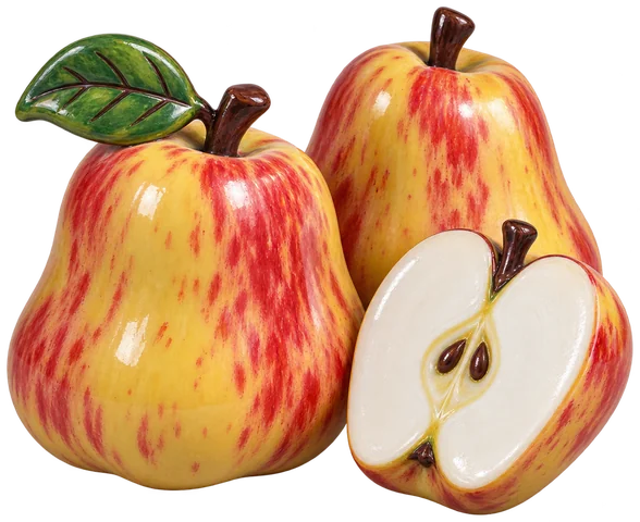 Deux pommes Cloche en forme de cloche, à peau jaune marbrée de rouge carmin