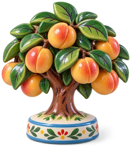 Abricotier miniature en faïence vernissée, au tronc brun, à la ramure verte et aux abricots orangés, sur un socle peint